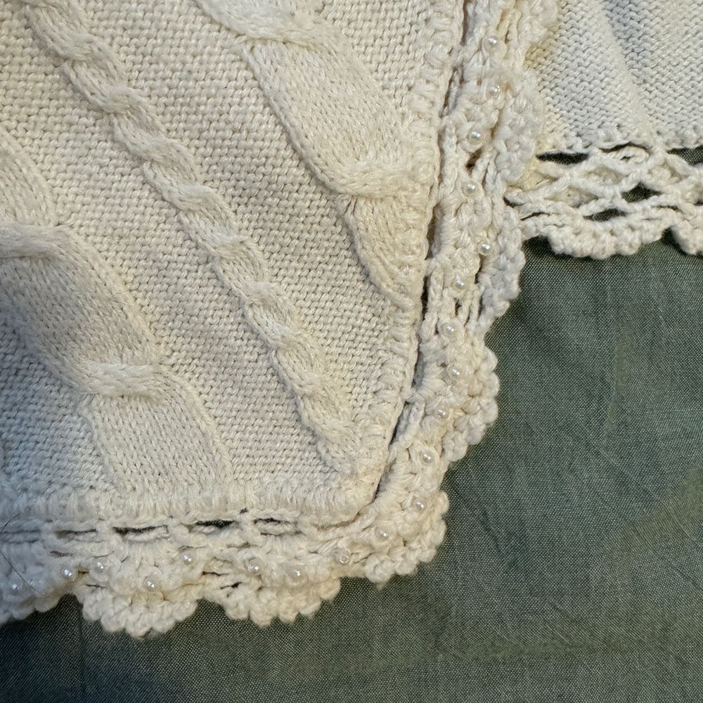 Coldwater Creek Beaded Crochet Trim Cardigan Pearl Button Cable Knit Ivory L - Picture 11 of 12